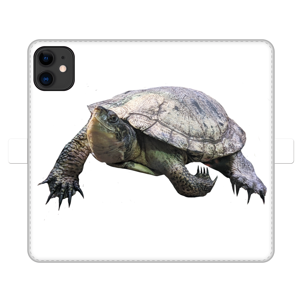 Turtle Fully Printed Wallet Case showcasing vibrant UV-printed design, magnetic closure, and card storage slots, suitable for iPhone and Samsung models.