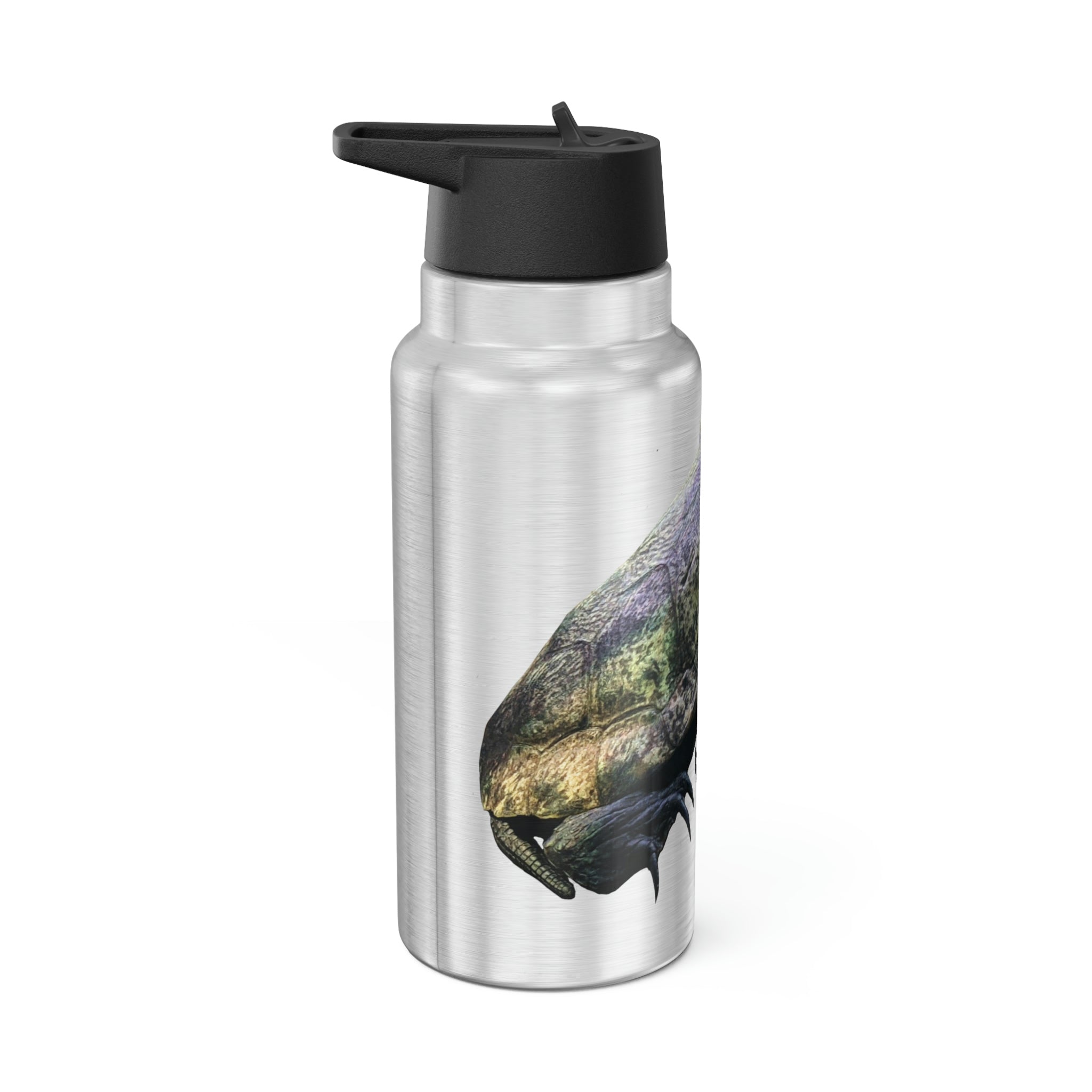 Turtle Gator Tumbler in stainless steel with a black cap and plastic straw, showcasing a customizable design.