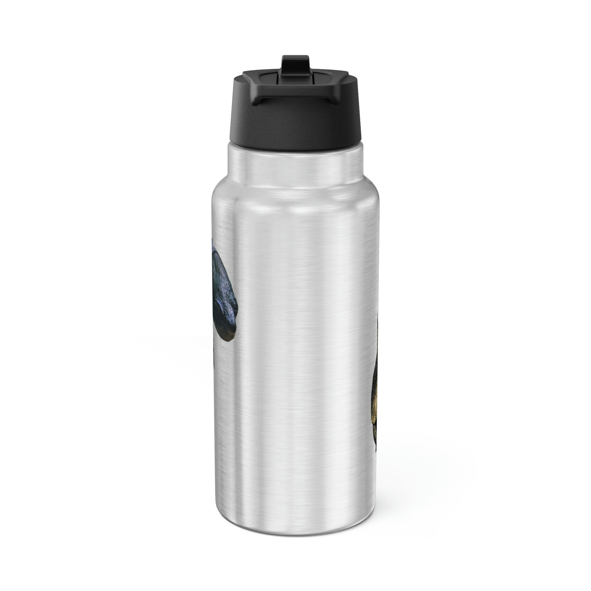 Turtle Gator Tumbler in stainless steel with a black cap and plastic straw, showcasing a customizable design.