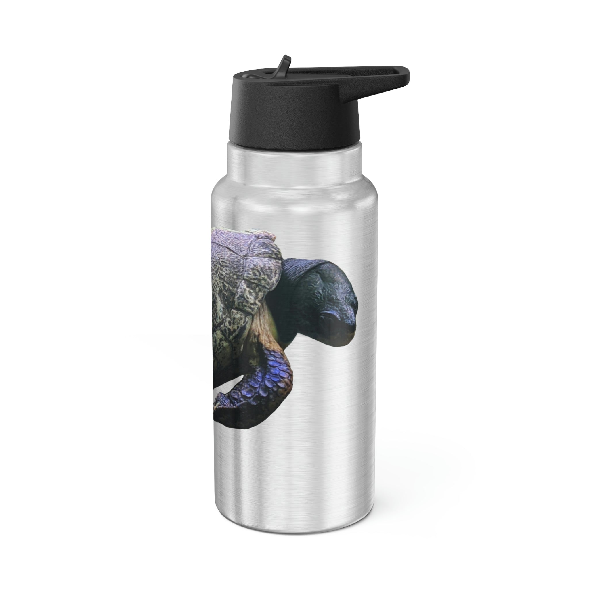 Turtle Gator Tumbler in stainless steel with a black cap and plastic straw, showcasing a customizable design.