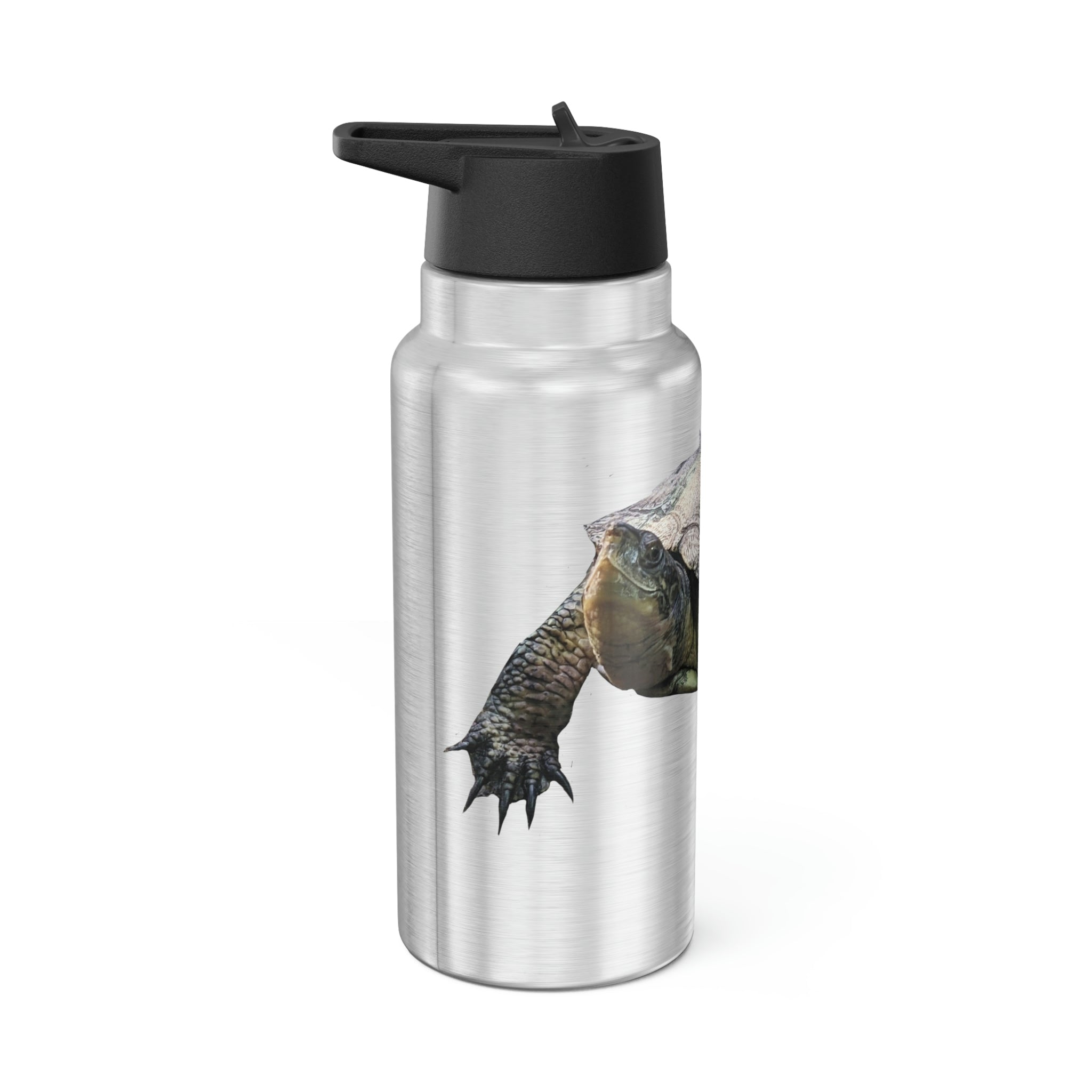 Turtle Gator Tumbler in stainless steel with a black screw-on cap and a plastic straw, showcasing a customizable design.