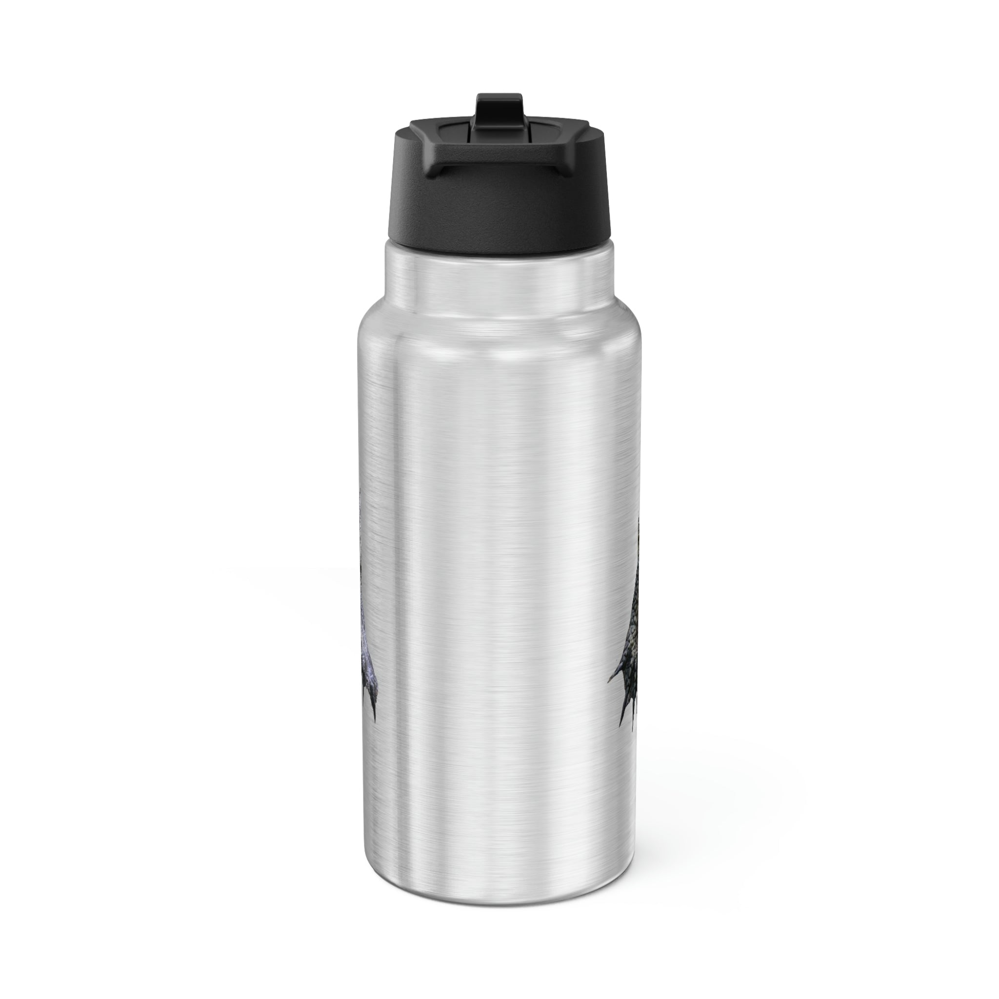 Turtle Gator Tumbler in stainless steel with a black screw-on cap and a plastic straw, showcasing a customizable design.