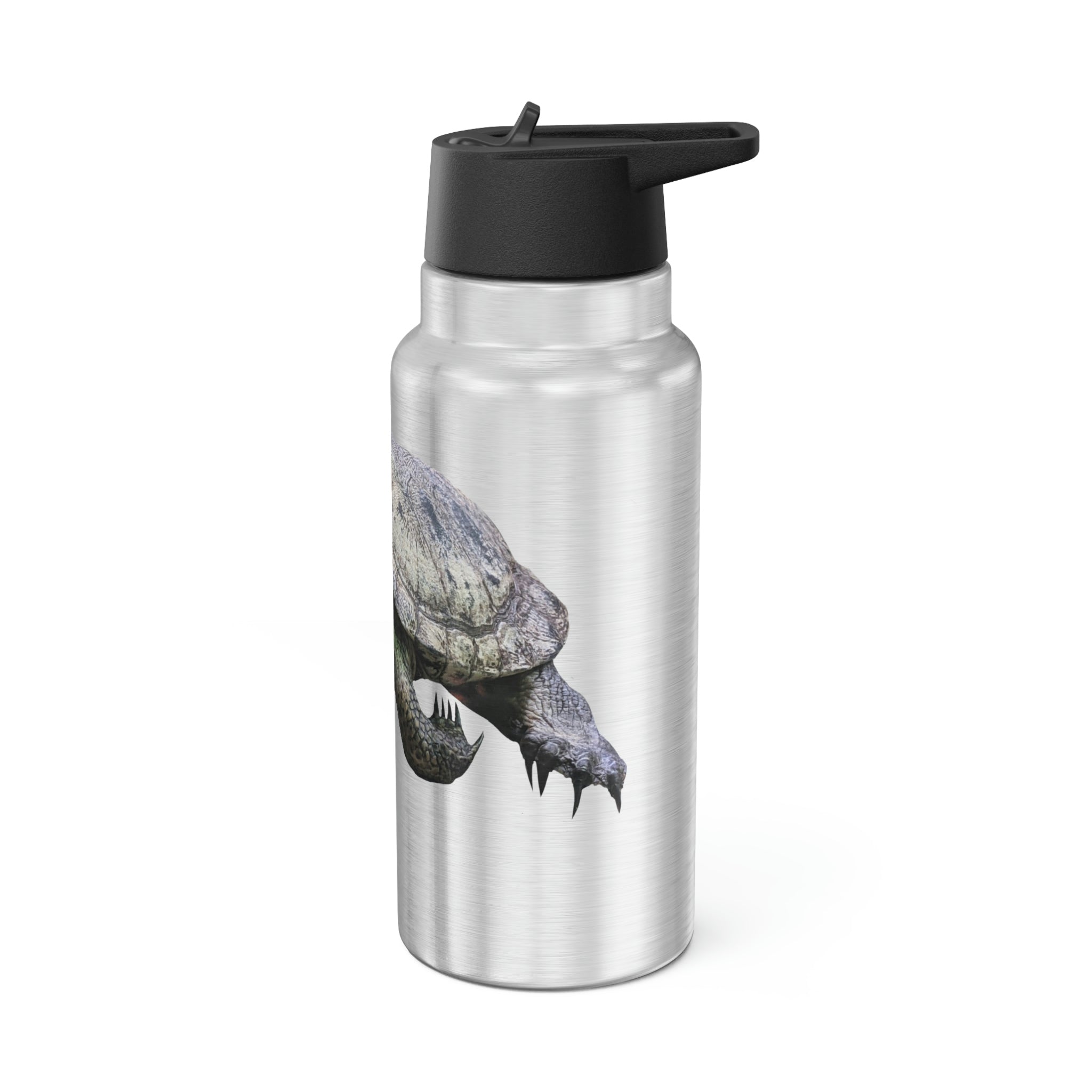 Turtle Gator Tumbler in stainless steel with a black screw-on cap and a plastic straw, showcasing a customizable design.