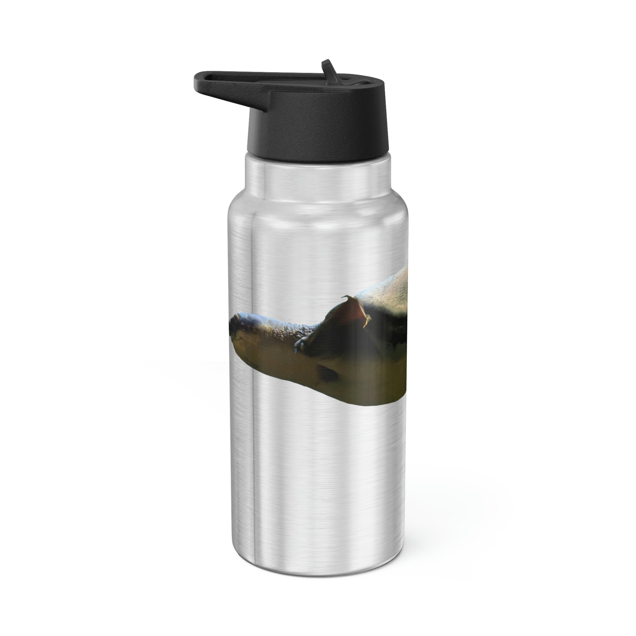 Turtle Gator Tumbler in stainless steel with a black cap and straw, showcasing a customizable design.