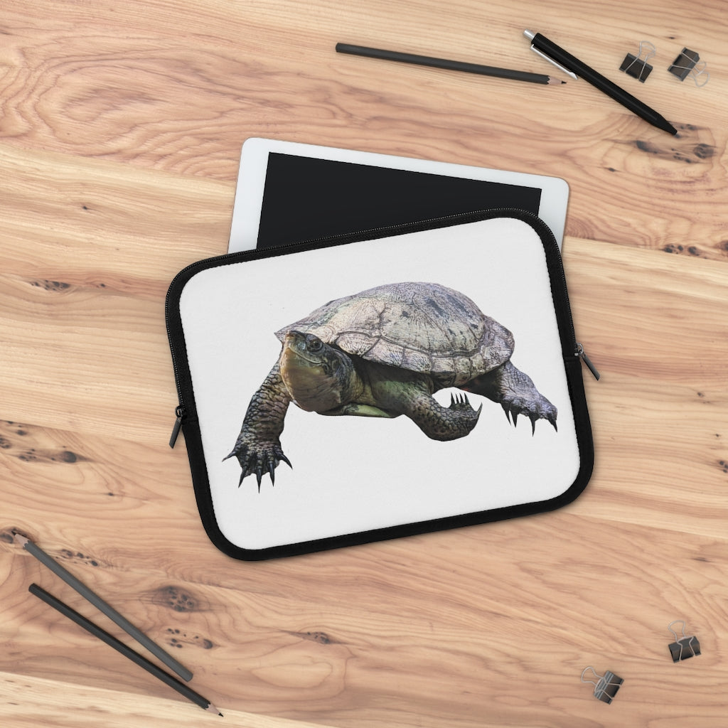 Turtle Laptop Sleeve featuring a customizable front and black polyester back, designed for stylish and secure laptop transport.