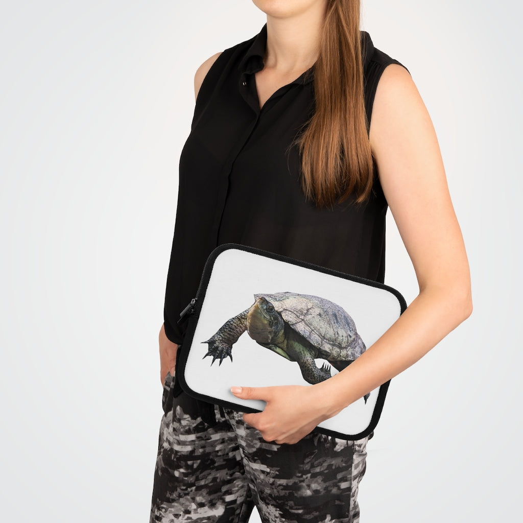 Turtle Laptop Sleeve featuring a customizable front and black polyester back, designed for stylish and secure laptop transport.