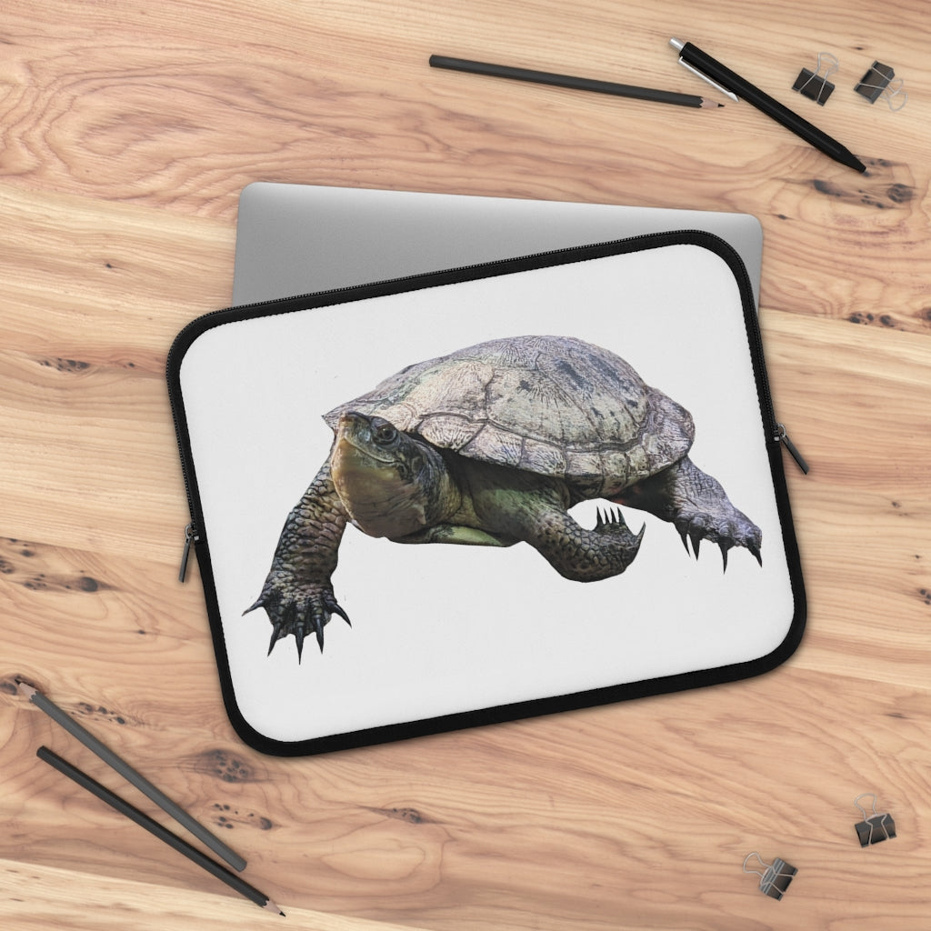 Turtle Laptop Sleeve featuring a customizable front and black polyester back, designed for stylish and secure laptop transport.