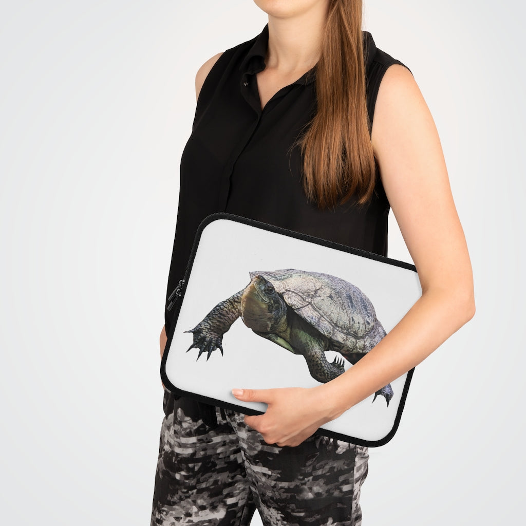 Turtle Laptop Sleeve featuring a customizable front and black polyester back, designed for stylish and secure laptop transport.