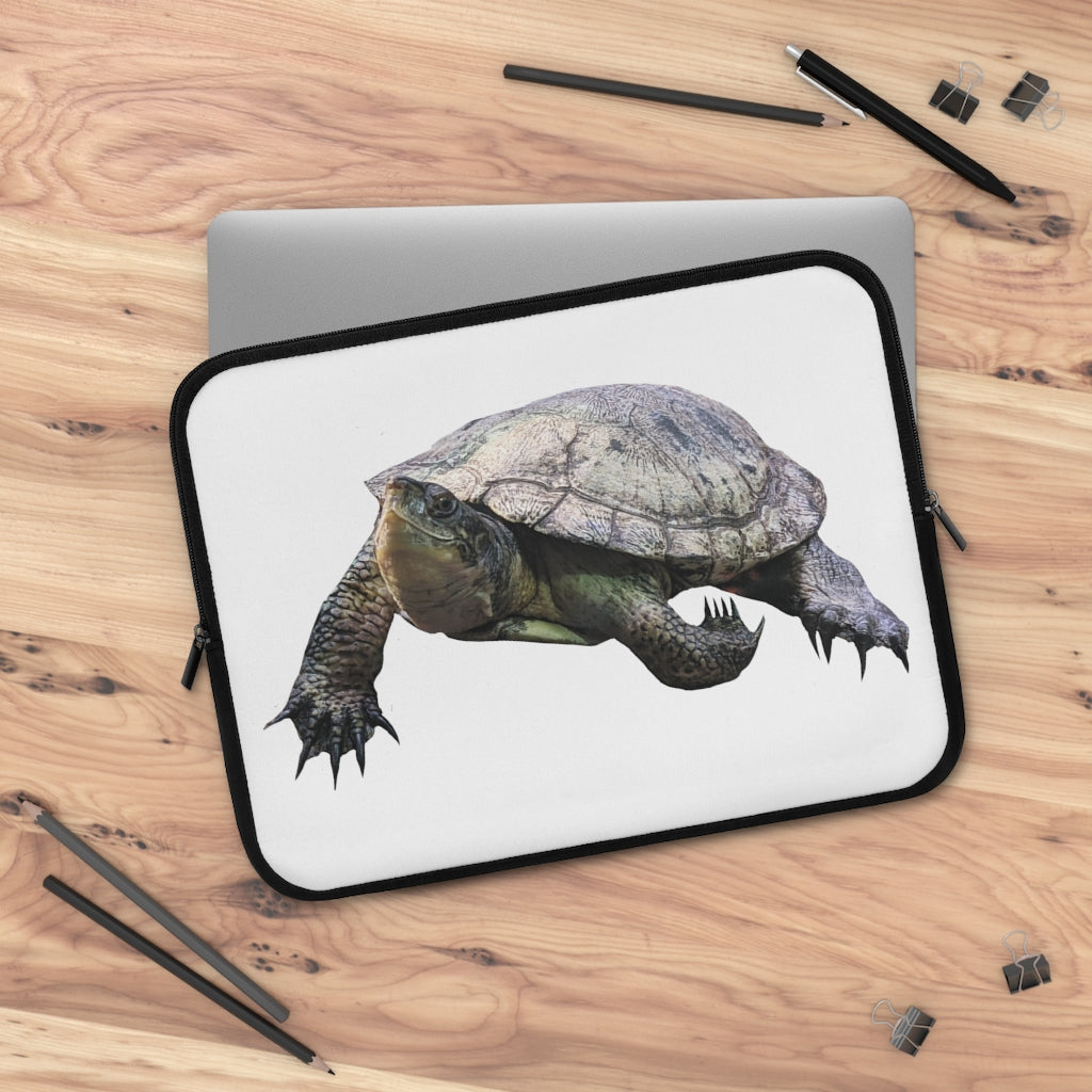 Turtle Laptop Sleeve featuring a customizable front and black polyester back, designed for stylish and secure laptop transport.