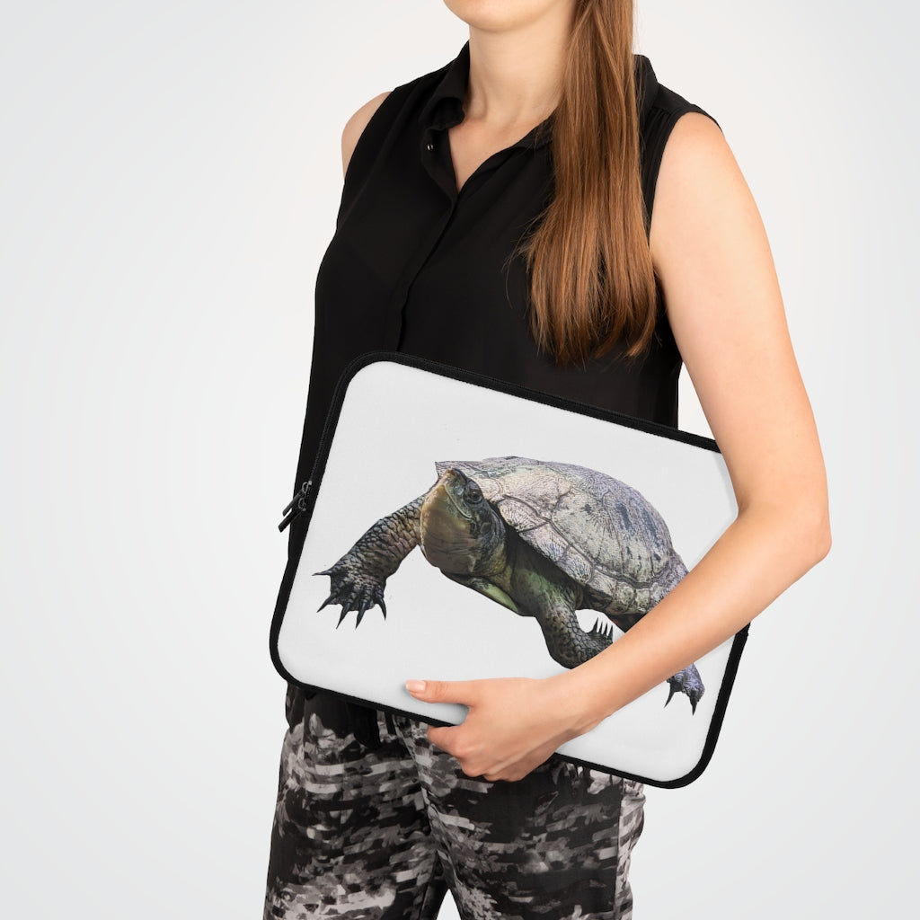 Turtle Laptop Sleeve featuring a customizable front and black polyester back, designed for stylish and secure laptop transport.