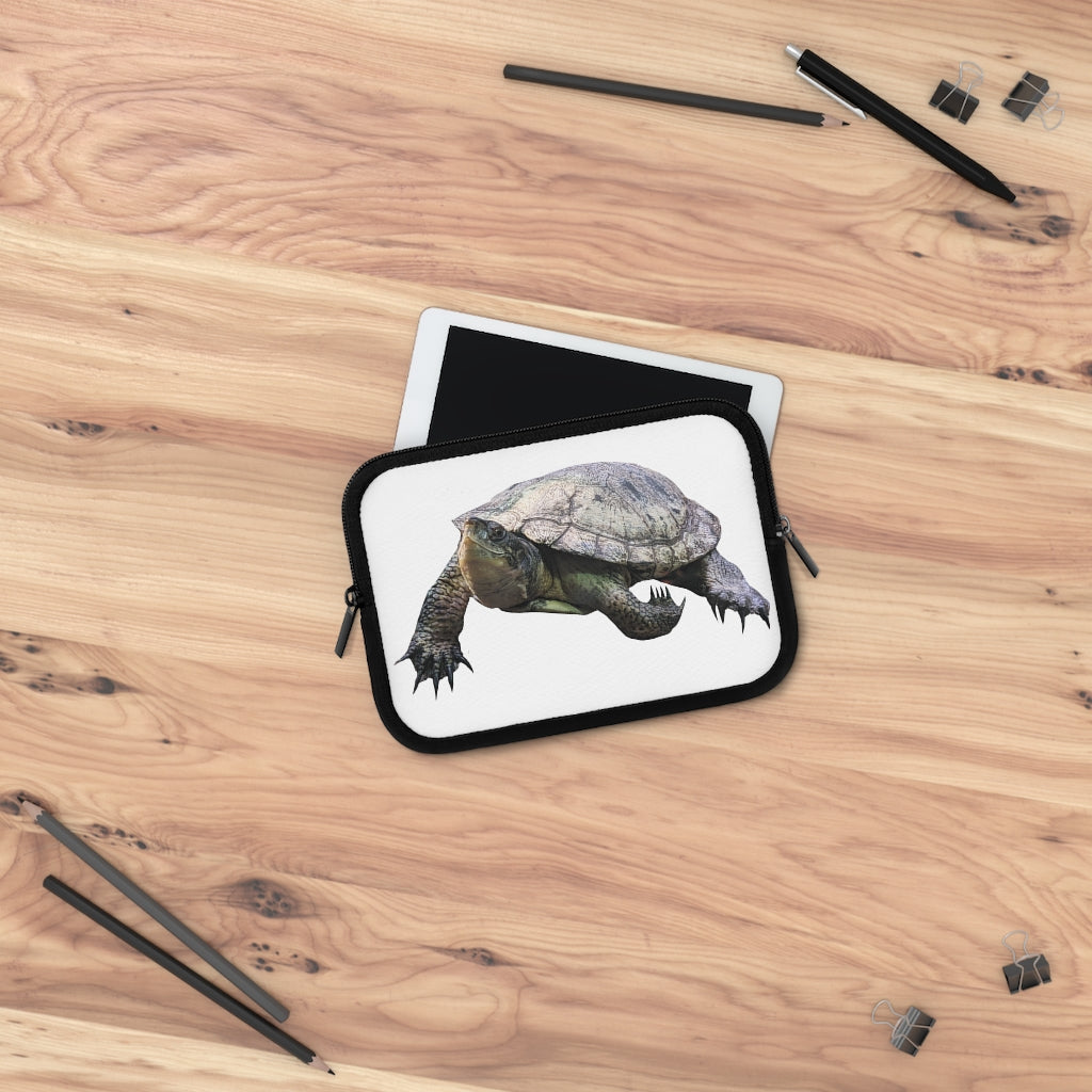 Turtle Laptop Sleeve featuring a customizable front and black polyester back, designed for stylish and secure laptop transport.