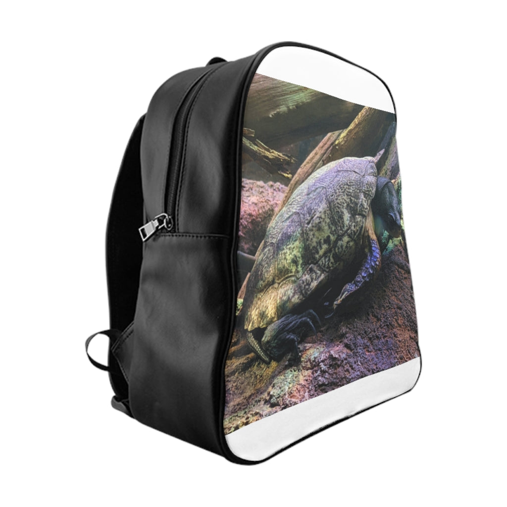 Turtle School Backpack made of PU leather with stylish print and padded back, ideal for school and everyday use.