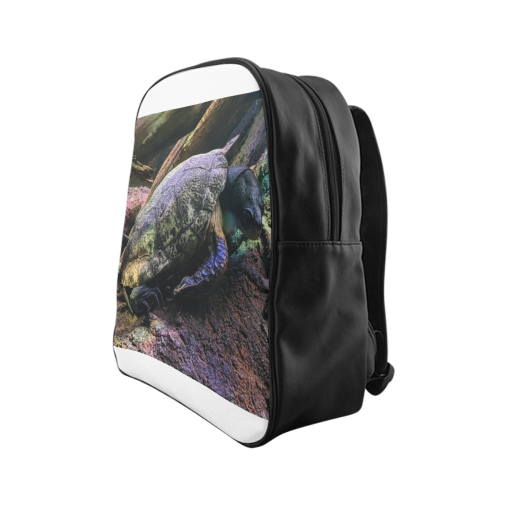 Turtle School Backpack made of PU leather with stylish print and padded back, ideal for school and everyday use.