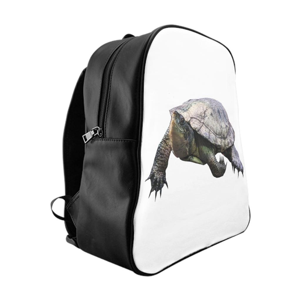 Turtle School Backpack featuring a unique turtle print design, padded back, and multiple inside pockets, made from durable PU leather.