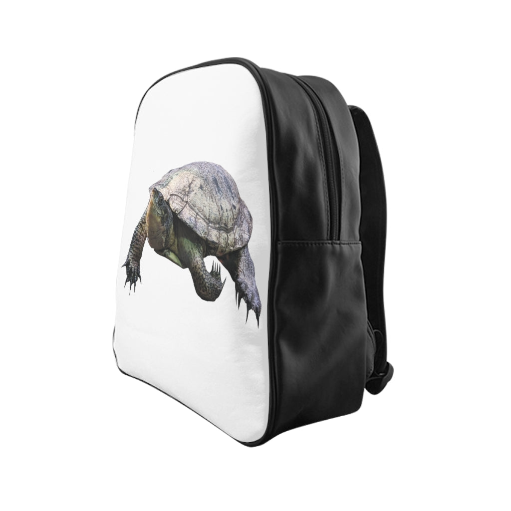 Turtle School Backpack featuring a unique turtle print design, padded back, and multiple inside pockets, made from durable PU leather.