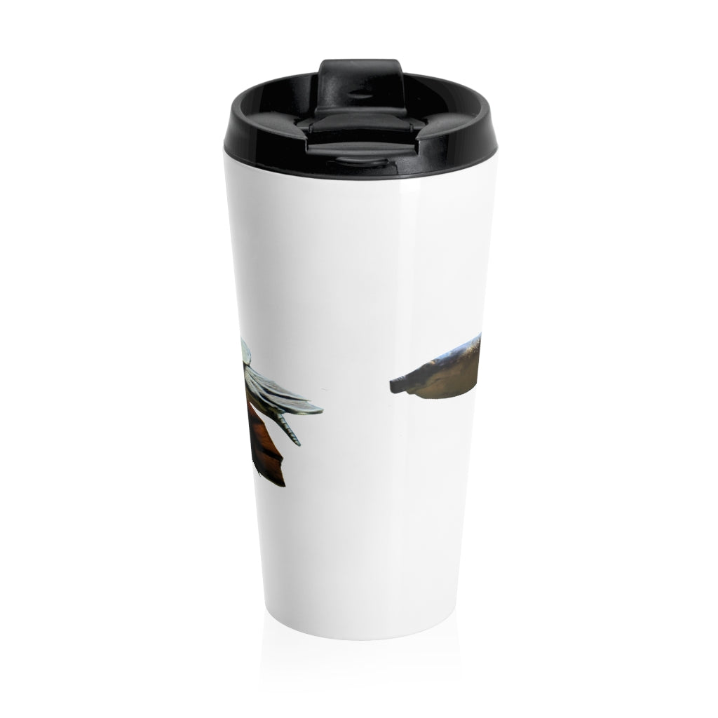 Turtle Stainless Steel Travel Mug with black lid, showcasing its sleek design and vibrant sublimation print.