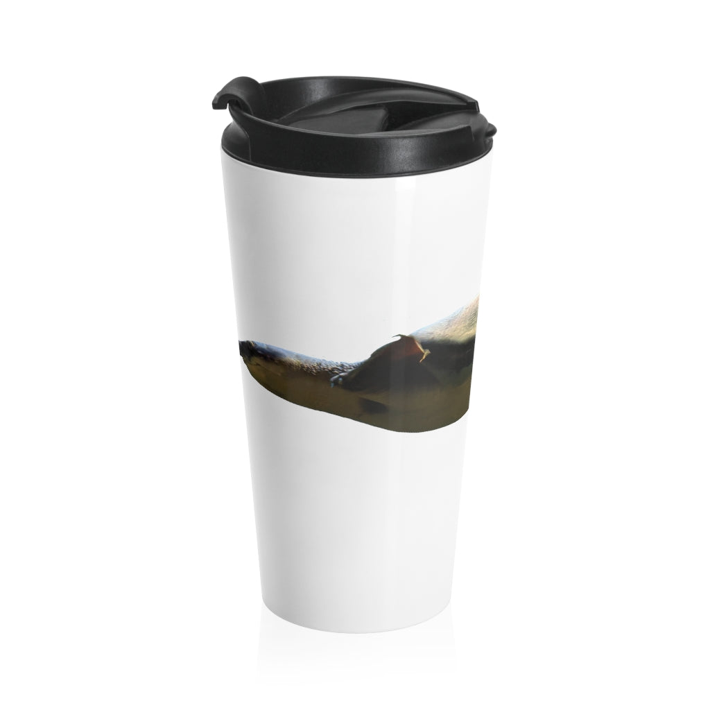 Turtle Stainless Steel Travel Mug with black lid, showcasing its sleek design and vibrant sublimation print.