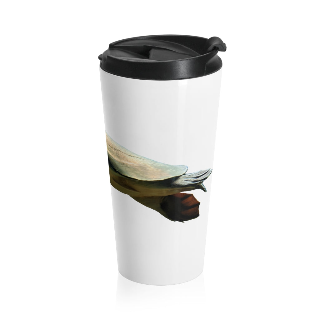 Turtle Stainless Steel Travel Mug with black lid, showcasing its sleek design and vibrant sublimation print.