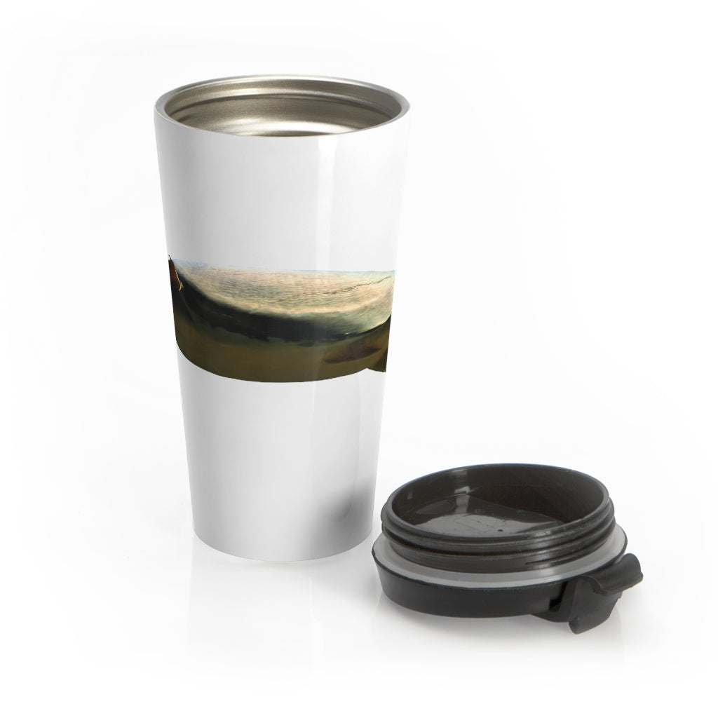 Turtle Stainless Steel Travel Mug with black lid, showcasing its sleek design and vibrant sublimation print.