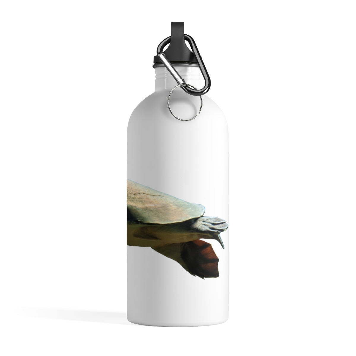 Turtle Stainless Steel Water Bottle with a plastic screw top and carabiner, showcasing its stylish design and lightweight construction.