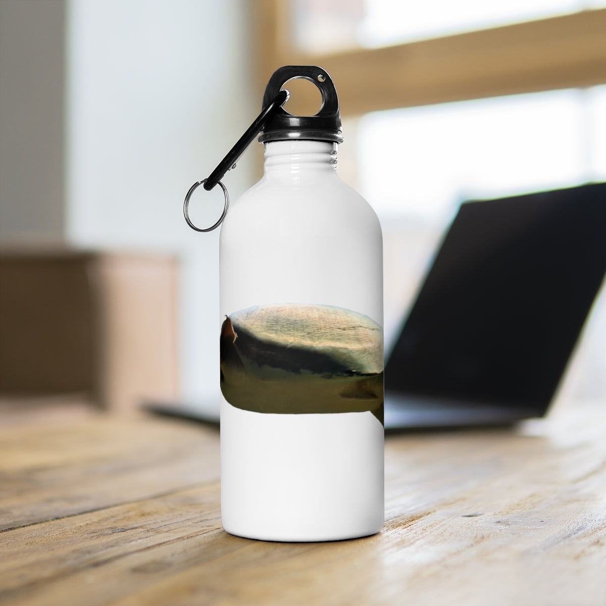 Turtle Stainless Steel Water Bottle with a plastic screw top and carabiner, showcasing its stylish design and lightweight construction.