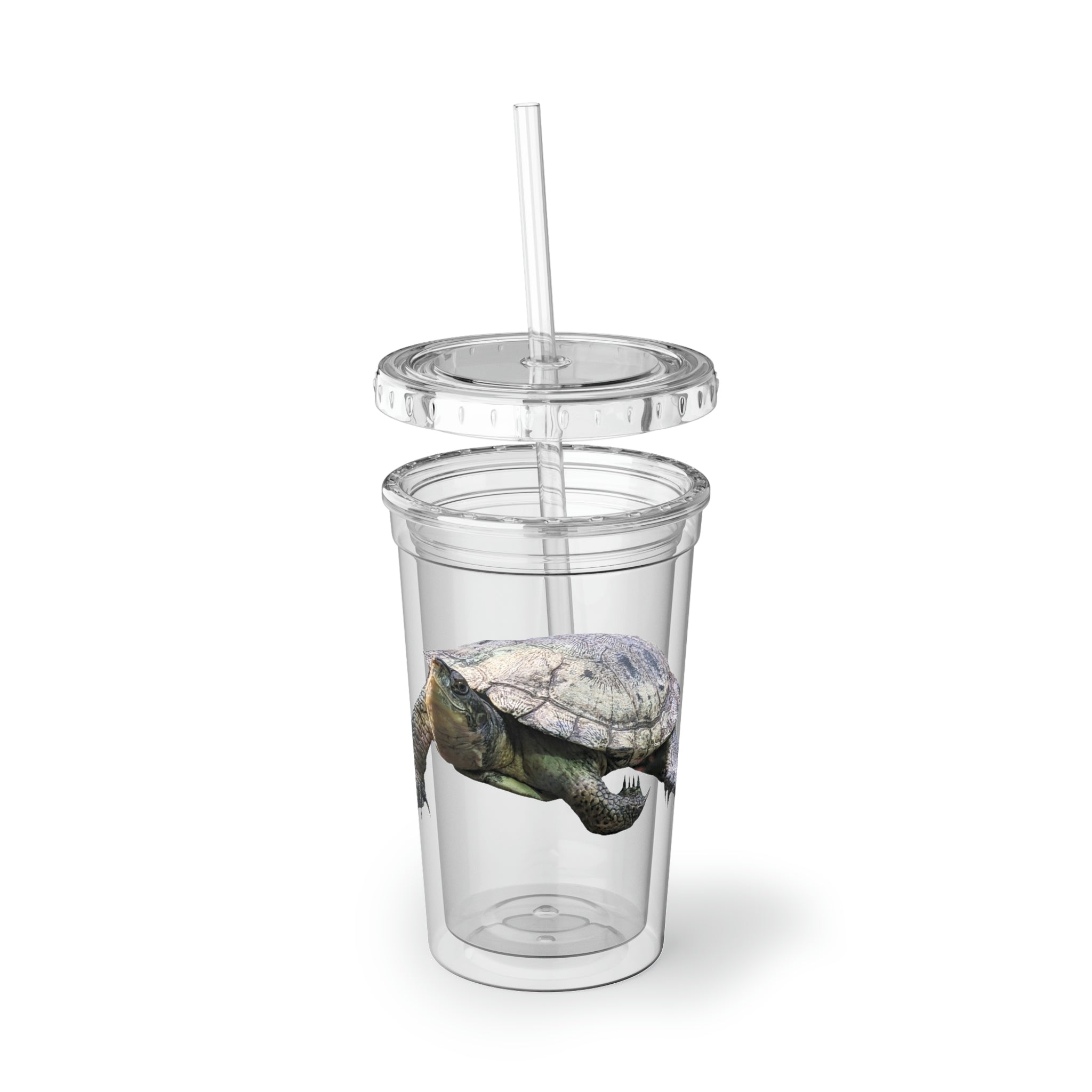 Turtle Suave Acrylic Cup with double-wall insulation, featuring a customizable design and a straw, perfect for hot and cold beverages.