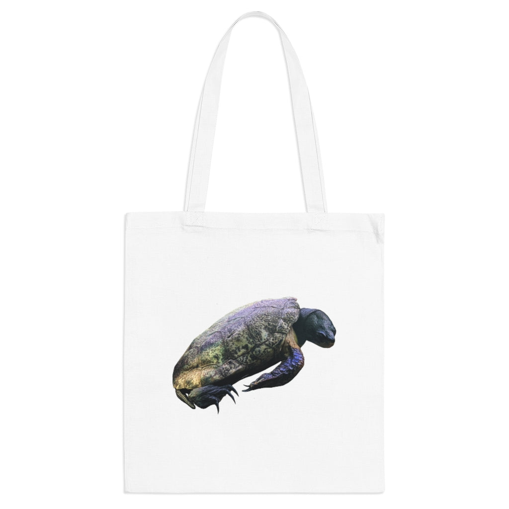 A colorful Turtle Tote Bag made of 100% cotton with long handles and cross stitching for added durability.