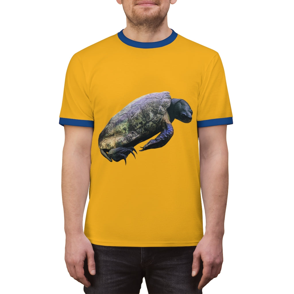 Turtle Unisex Ringer Tee in various colors, showcasing its lightweight fabric and classic ringer design.