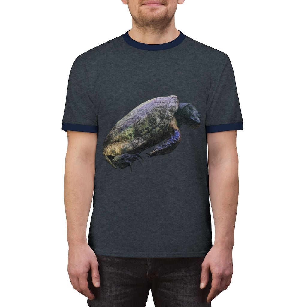 Turtle Unisex Ringer Tee in various colors, showcasing its lightweight fabric and classic ringer design.