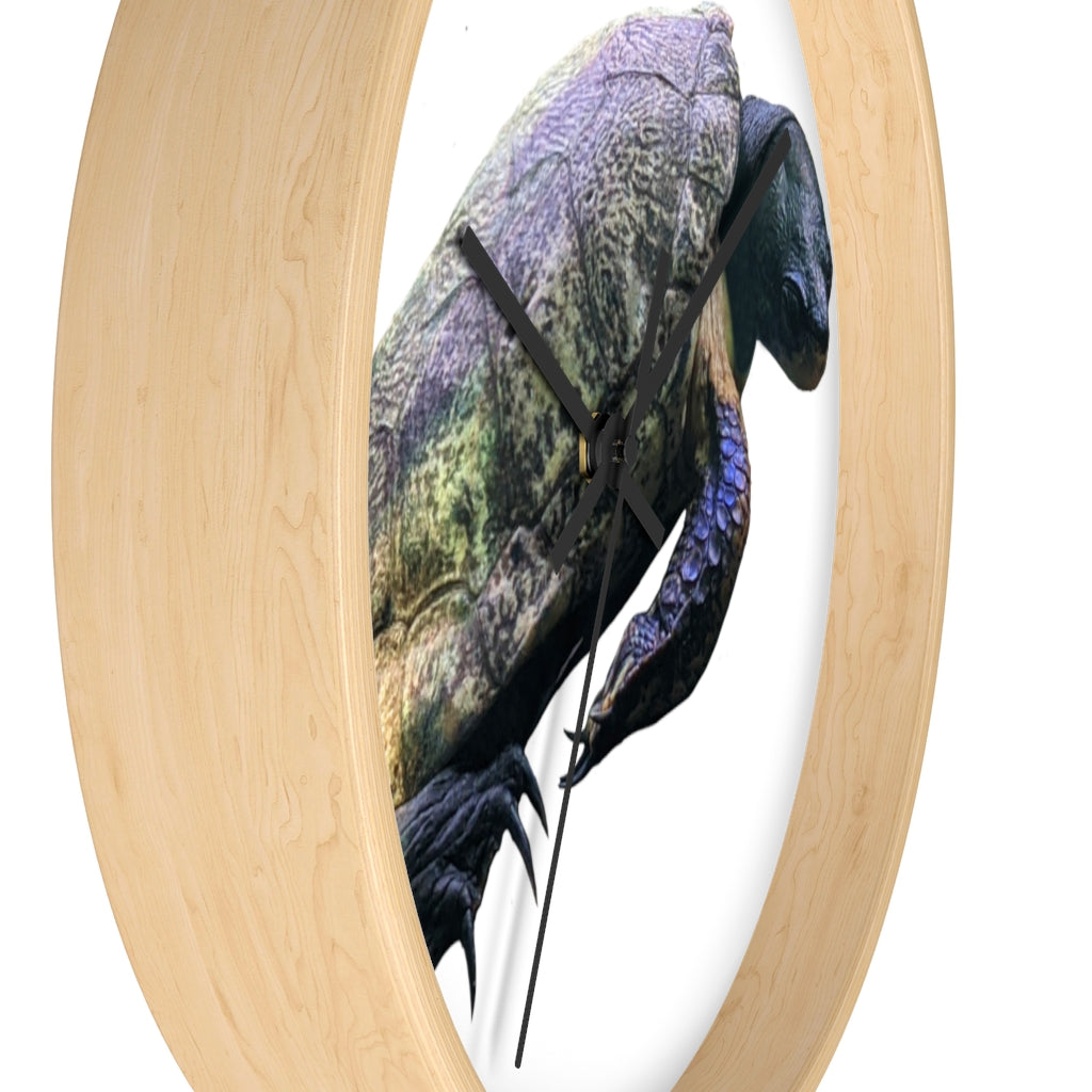 A beautifully designed Turtle Wall Clock featuring a wooden frame and a clear plexiglass face, perfect for indoor decor.