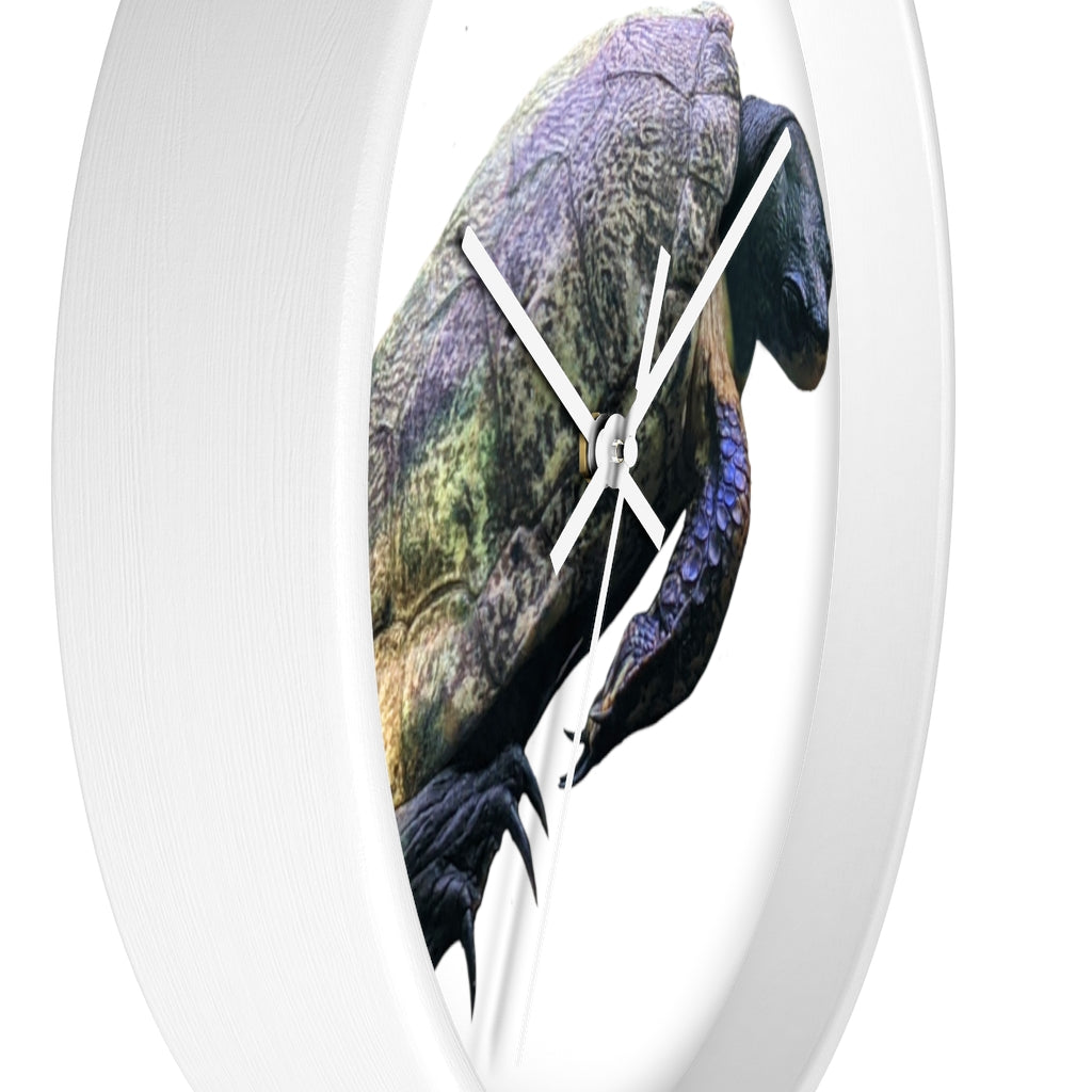 A beautifully designed Turtle Wall Clock featuring a wooden frame and a clear plexiglass face, perfect for indoor decor.