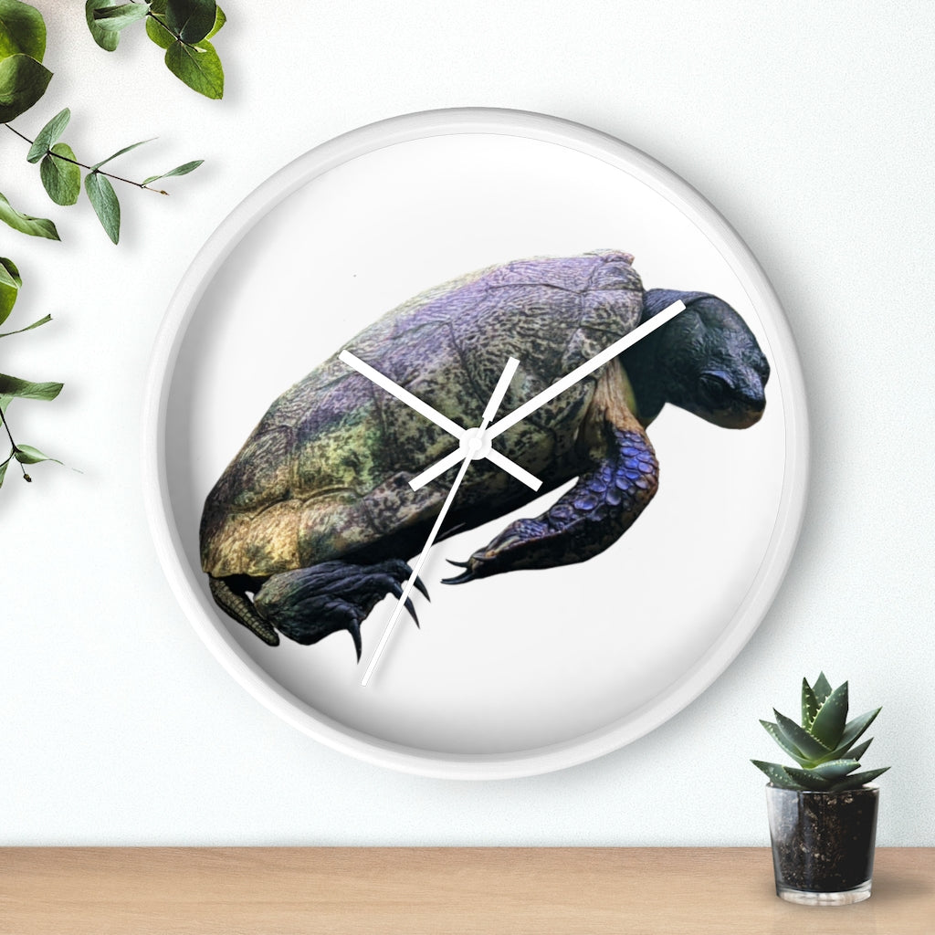 A beautifully designed Turtle Wall Clock featuring a wooden frame and a clear plexiglass face, perfect for indoor decor.