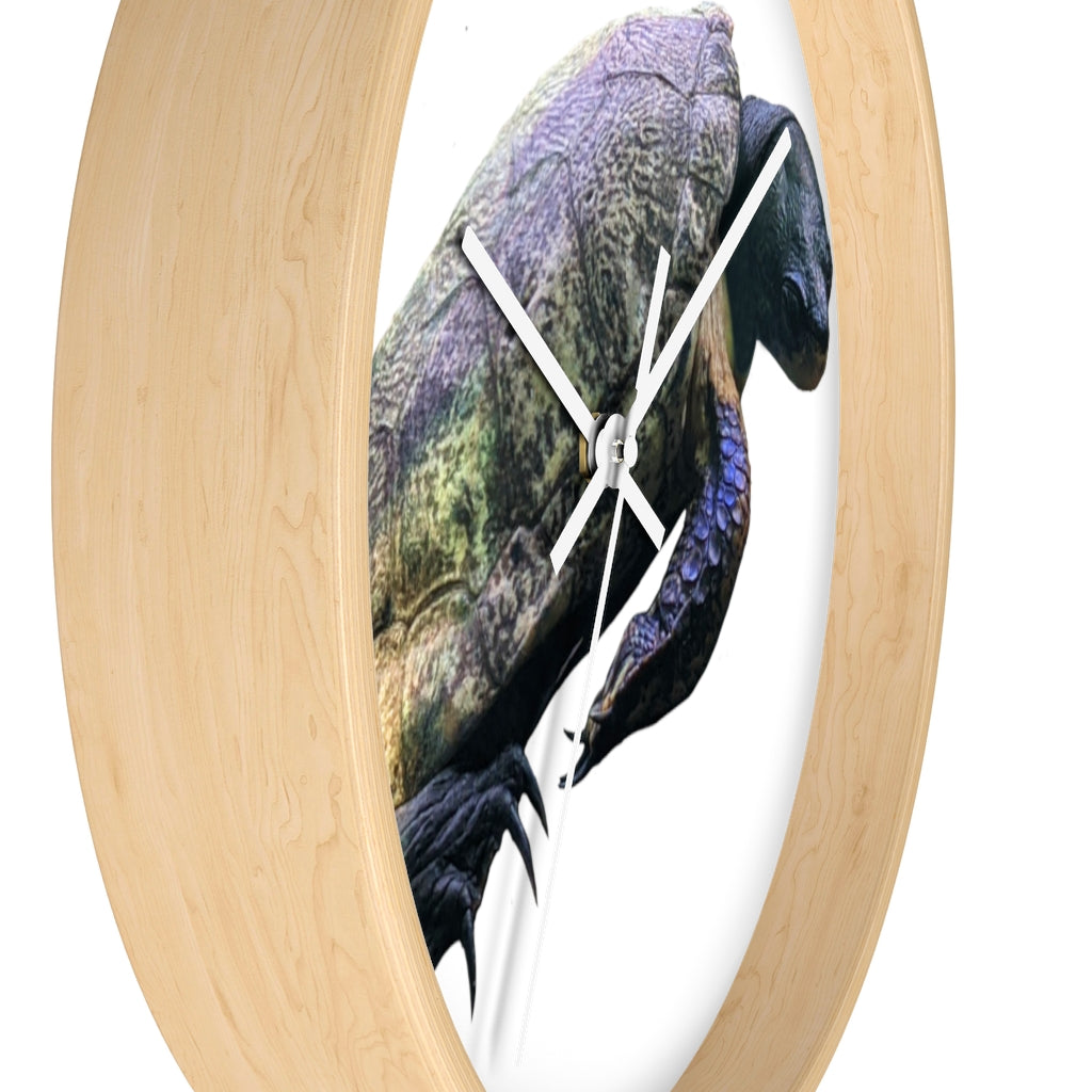 A beautifully designed Turtle Wall Clock featuring a wooden frame and a clear plexiglass face, perfect for indoor decor.