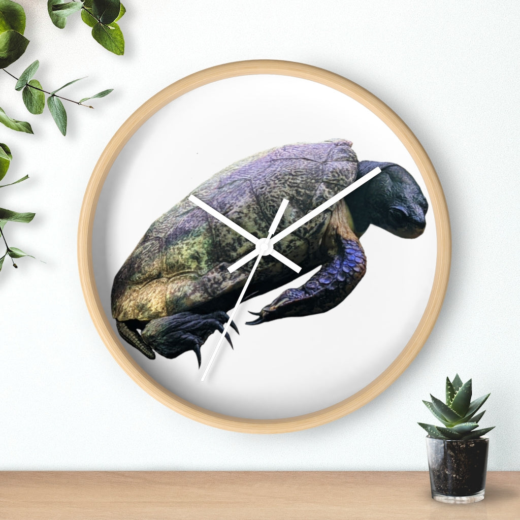 A beautifully designed Turtle Wall Clock featuring a wooden frame and a clear plexiglass face, perfect for indoor decor.