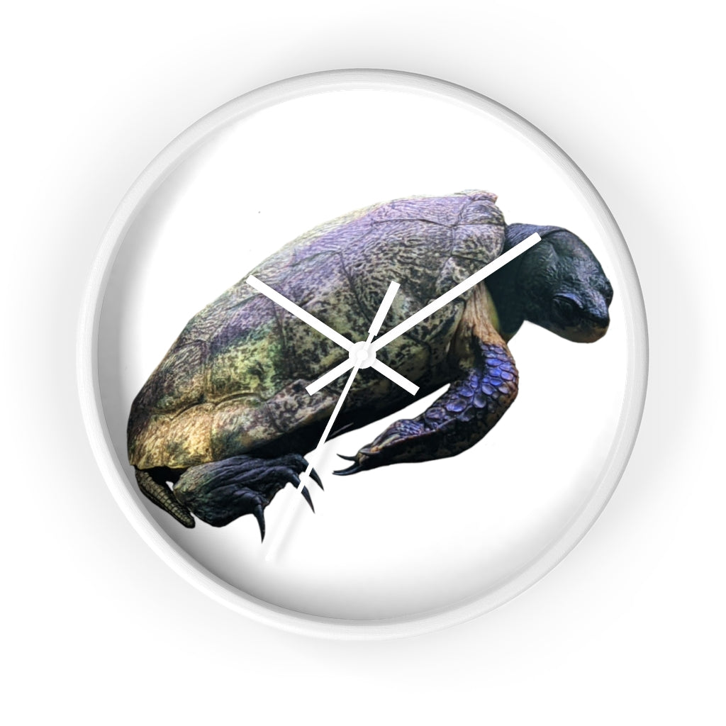 A beautifully designed Turtle Wall Clock featuring a wooden frame and a clear plexiglass face, perfect for indoor decor.