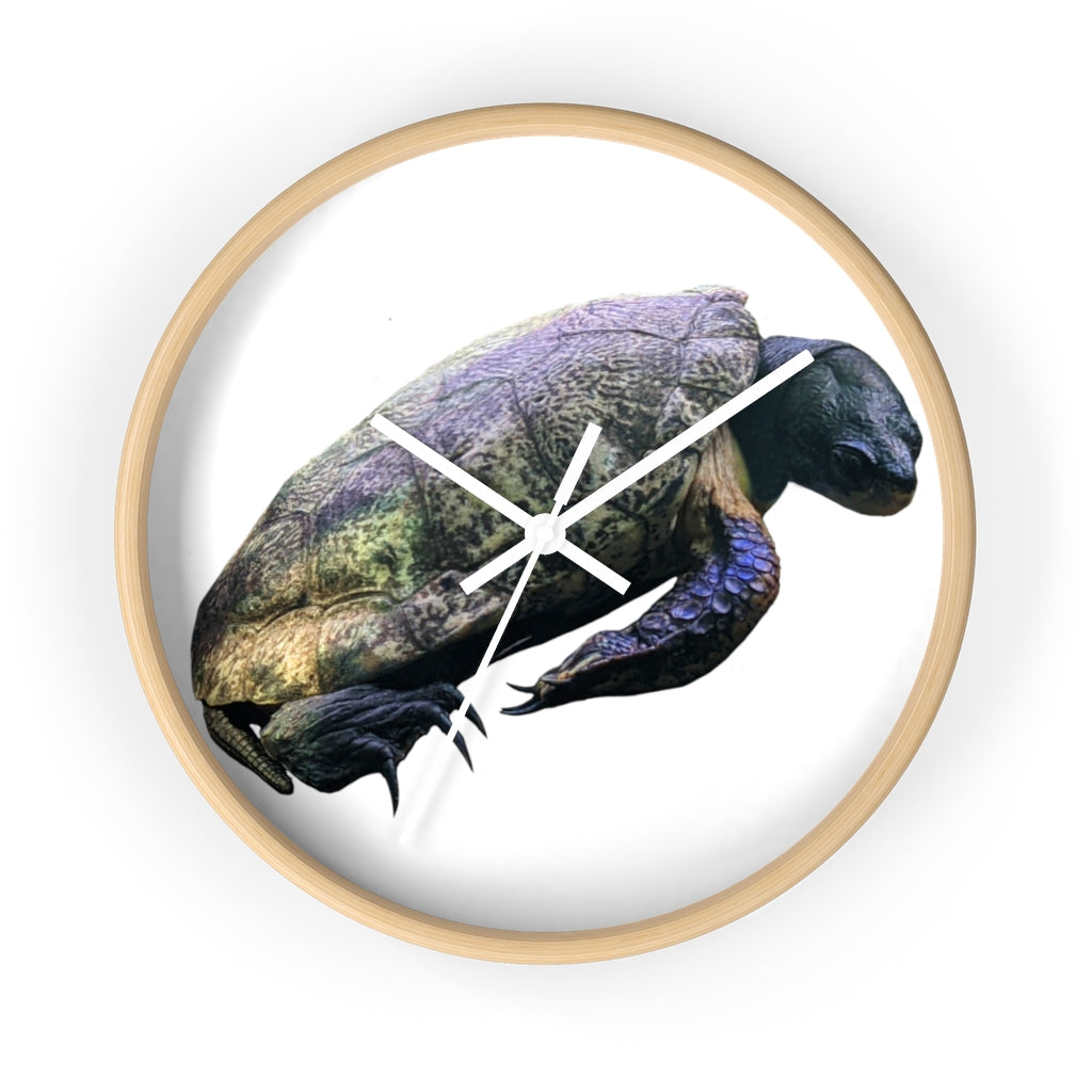 A beautifully designed Turtle Wall Clock featuring a wooden frame and a clear plexiglass face, perfect for indoor decor.