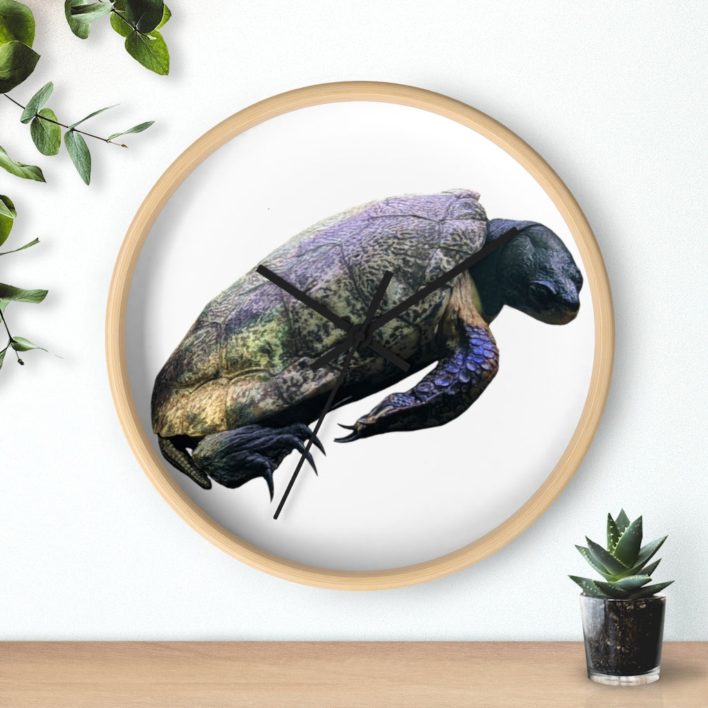 A beautifully designed Turtle Wall Clock featuring a wooden frame and a clear plexiglass face, perfect for indoor decor.