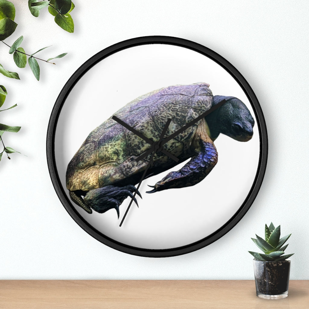 A beautifully designed Turtle Wall Clock featuring a wooden frame and a clear plexiglass face, perfect for indoor decor.