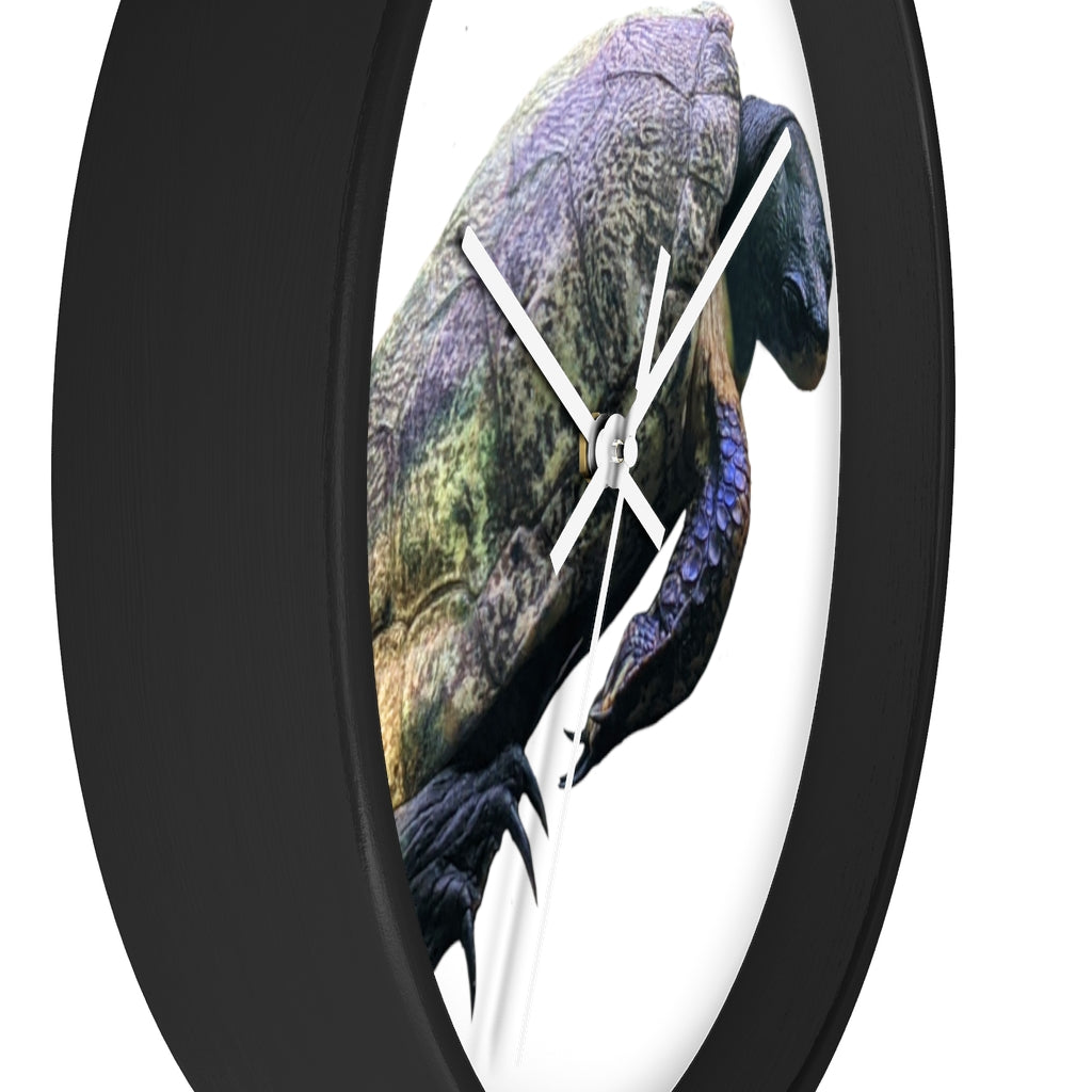 A beautifully designed Turtle Wall Clock featuring a wooden frame and a clear plexiglass face, perfect for indoor decor.