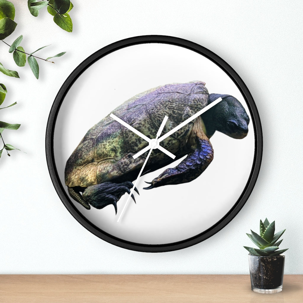 A beautifully designed Turtle Wall Clock featuring a wooden frame and a clear plexiglass face, perfect for indoor decor.