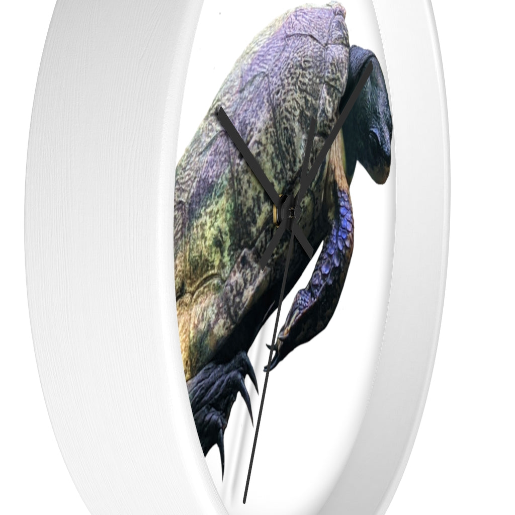 A beautifully designed Turtle Wall Clock featuring a wooden frame and a clear plexiglass face, perfect for indoor decor.