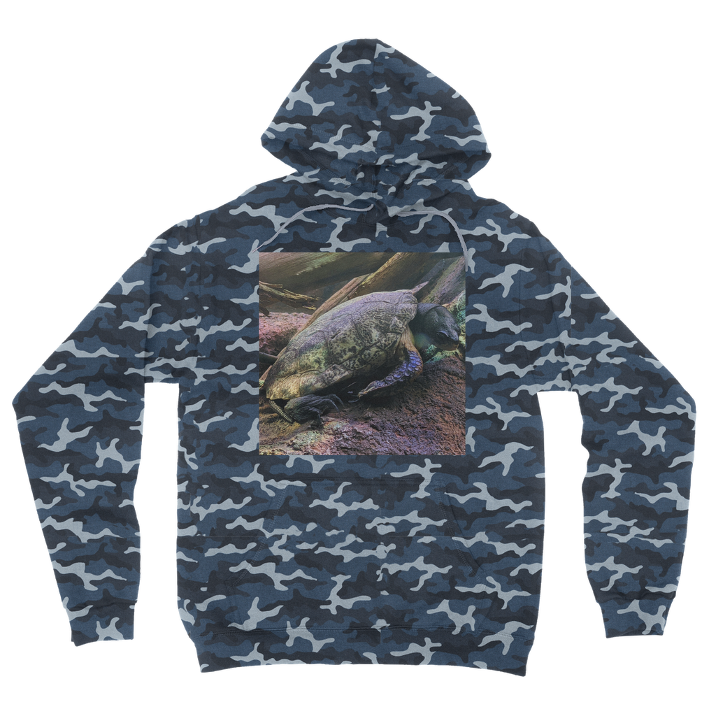 Turtles Camouflage Adult Hoodie featuring an all-over camo design, soft fabric, and practical kangaroo pouch pocket.