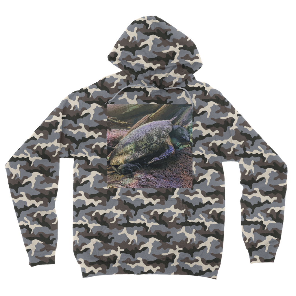 Turtles Camouflage Adult Hoodie featuring an all-over camo design, soft fabric, and practical kangaroo pouch pocket.