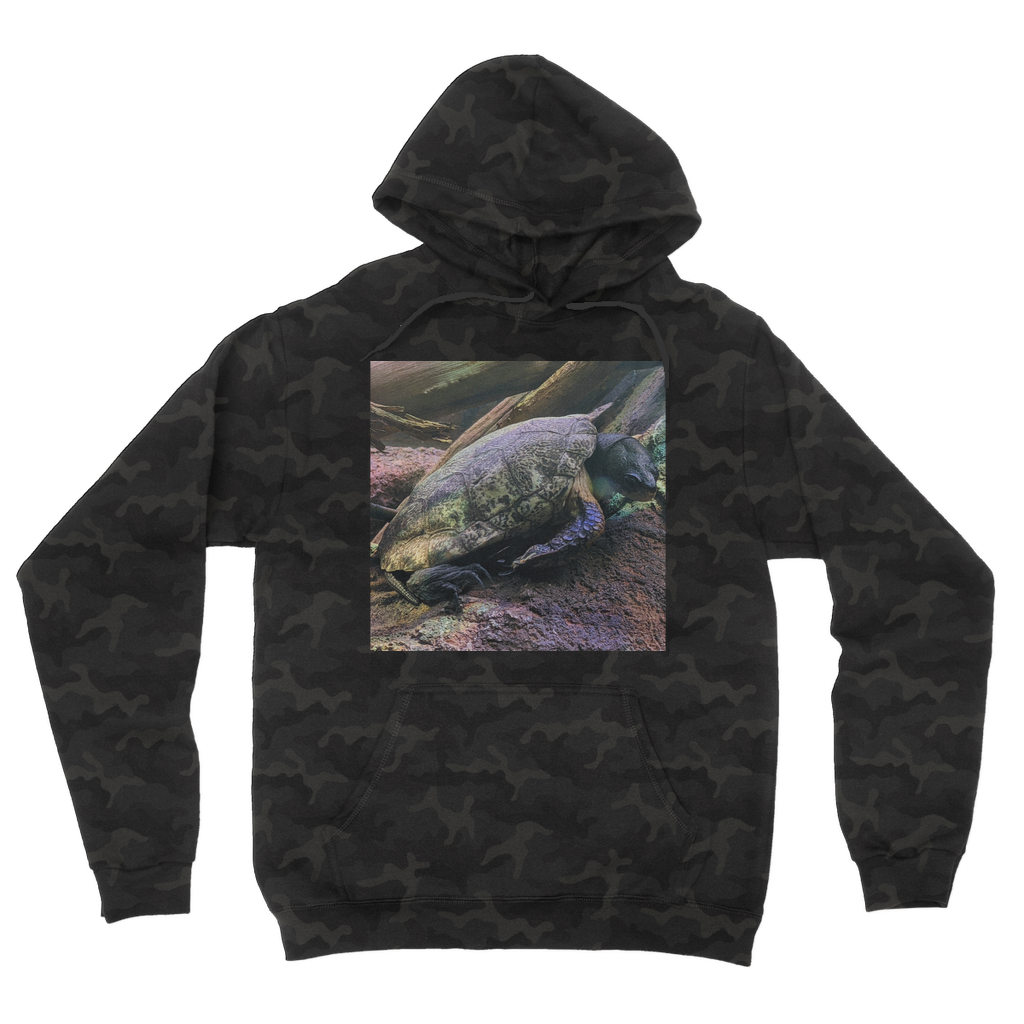 Turtles Camouflage Adult Hoodie featuring an all-over camo design, soft fabric, and practical kangaroo pouch pocket.