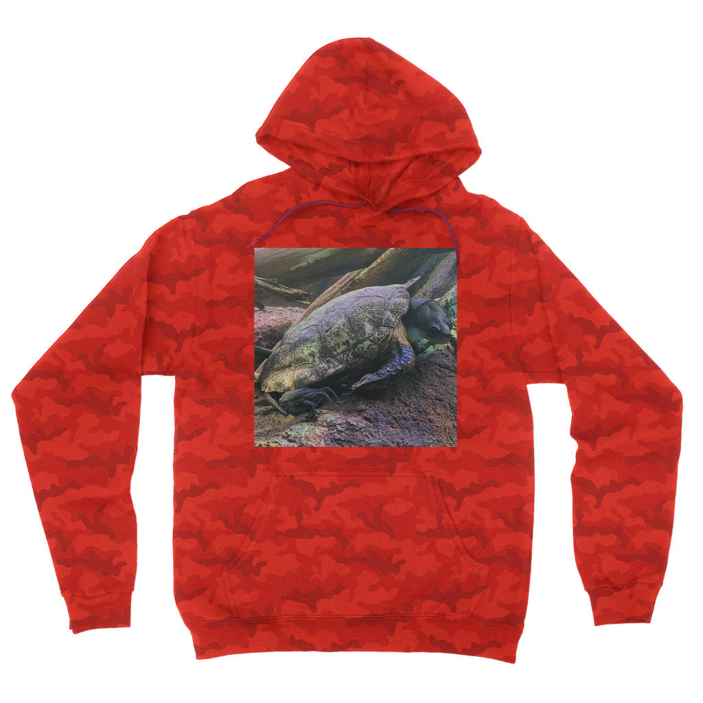 Turtles Camouflage Adult Hoodie featuring an all-over camo design, soft fabric, and practical kangaroo pouch pocket.