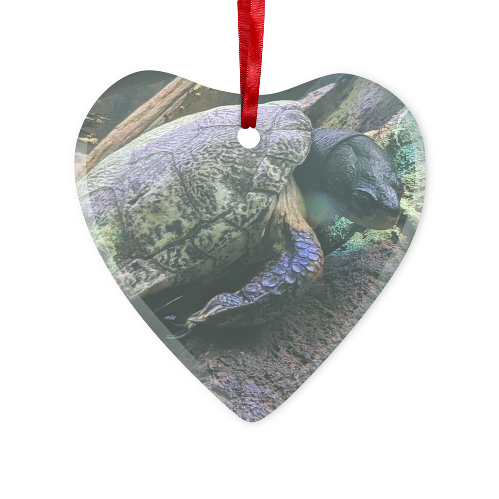 Turtles Glass Hanging Ornament in round and heart shapes, beautifully crafted with a red ribbon and gold string for hanging.