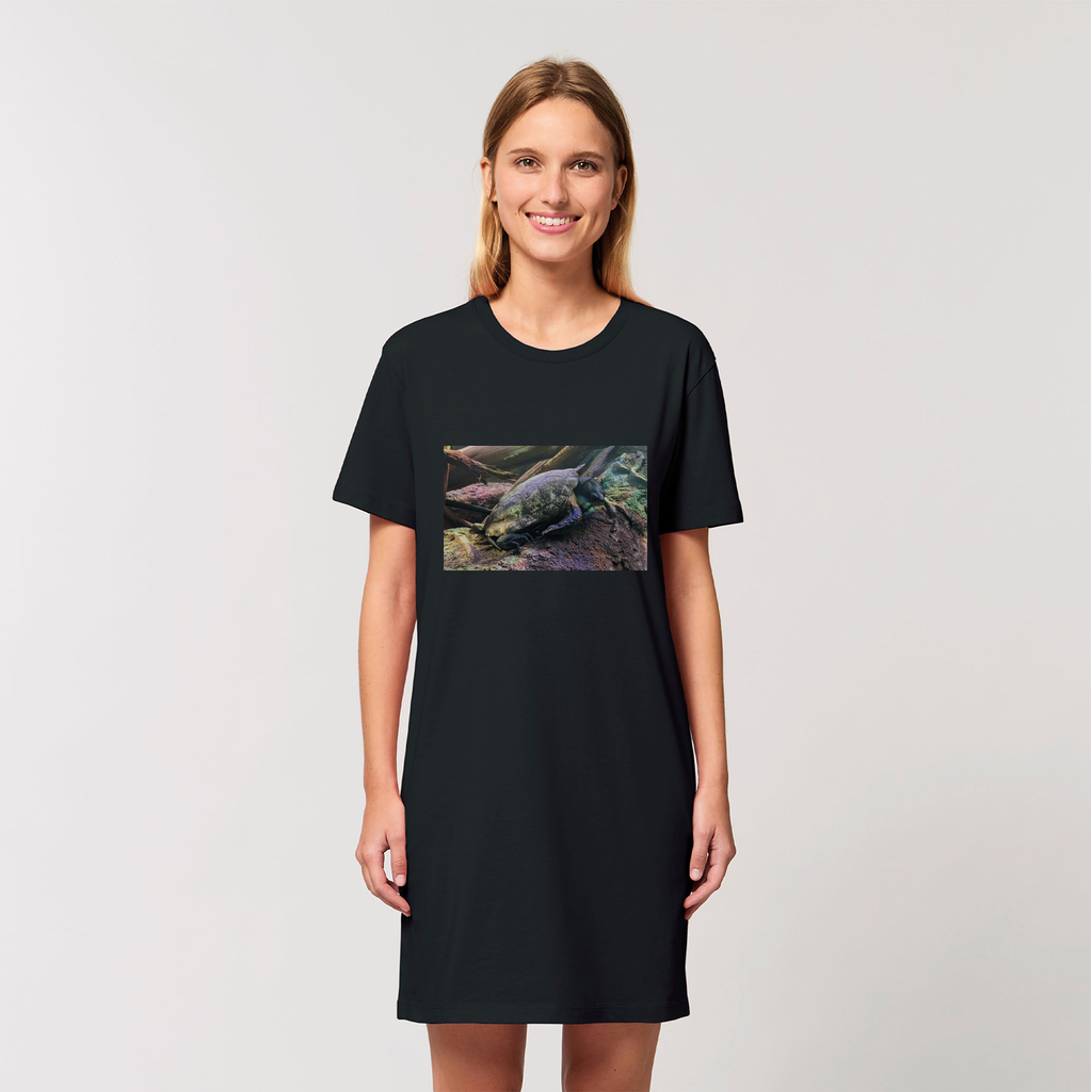 A stylish Turtles Organic T-Shirt Dress made from 100% organic cotton, showcasing its soft texture and comfortable fit.