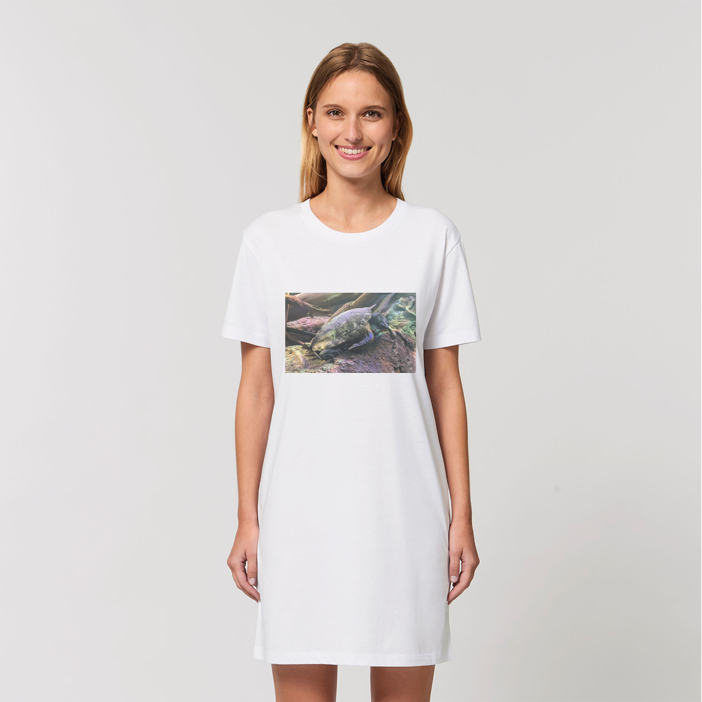 A stylish Turtles Organic T-Shirt Dress made from 100% organic cotton, showcasing its soft texture and comfortable fit.