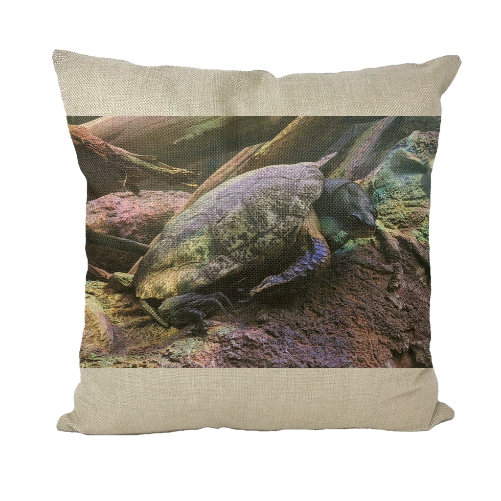 A collection of Turtles Throw Pillows in various styles including linen, canvas, and suede, showcasing vibrant turtle designs.