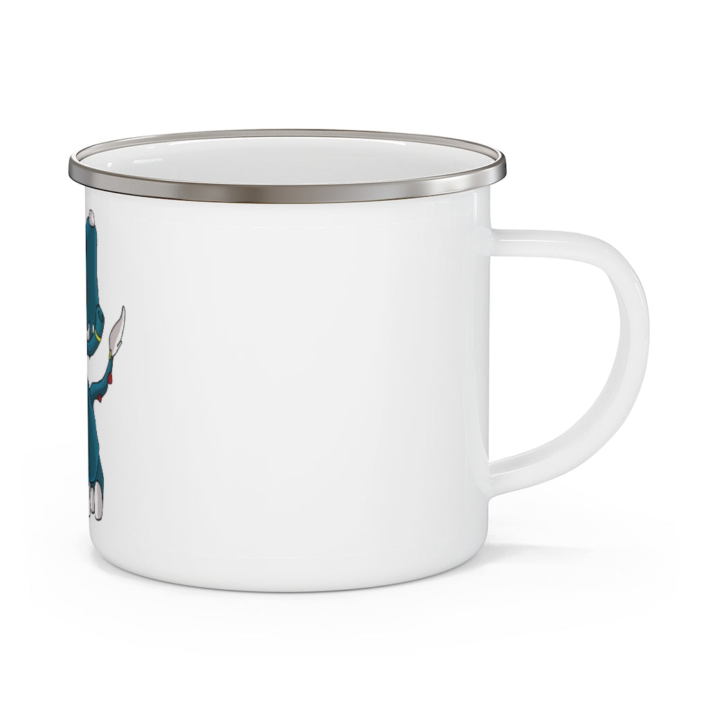 Tuskhann Enamel Camping Mug with a C-handle, showcasing a vibrant custom design, perfect for outdoor adventures.